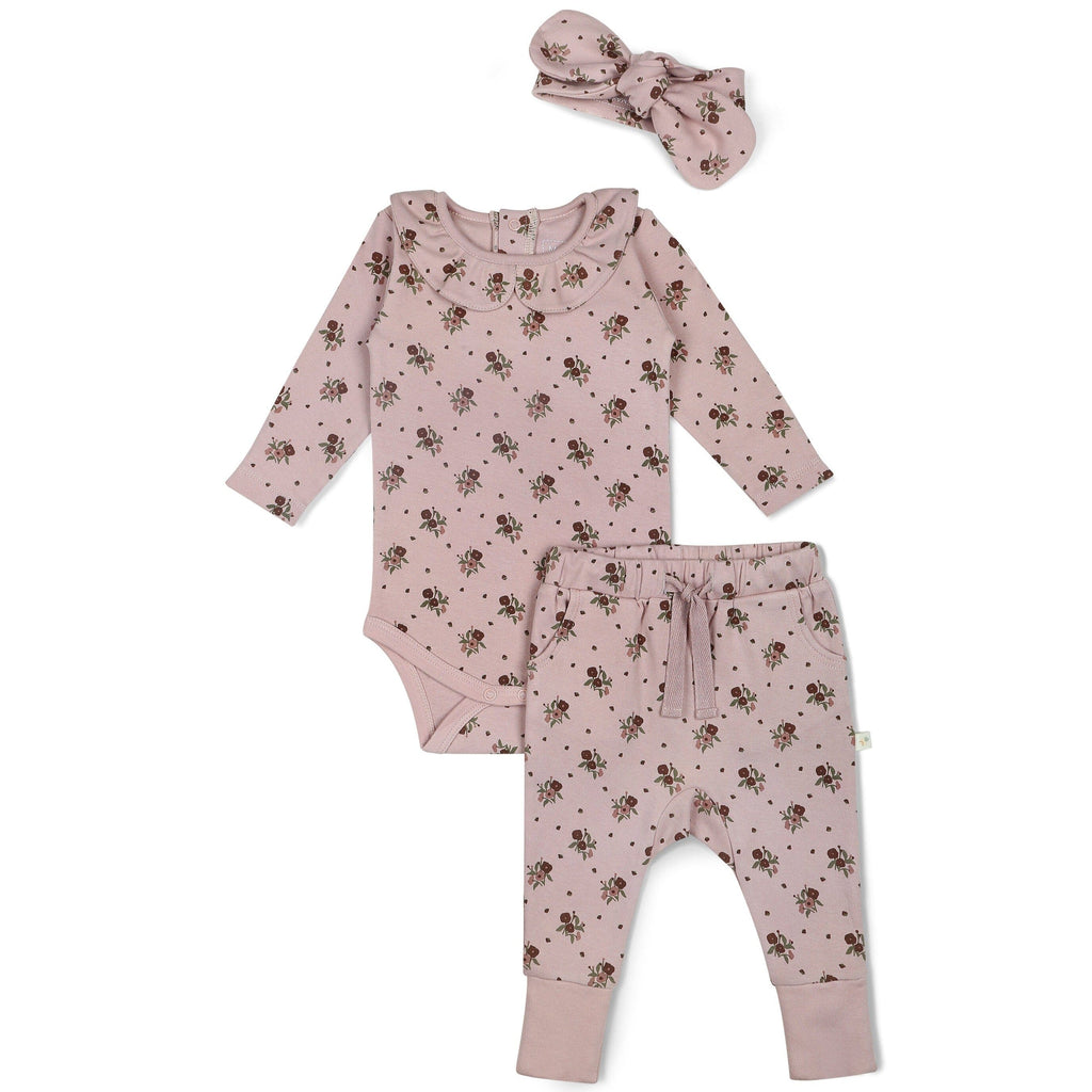 Organic Ruffle Onesie & Pants Set - Rose Ditsy Ruffle Onesie Set Makemake Organics 