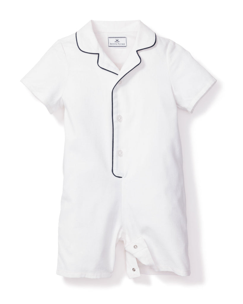 Baby's Twill Summer Romper | White with Navy Piping Jumpsuits & Rompers Petite Plume 