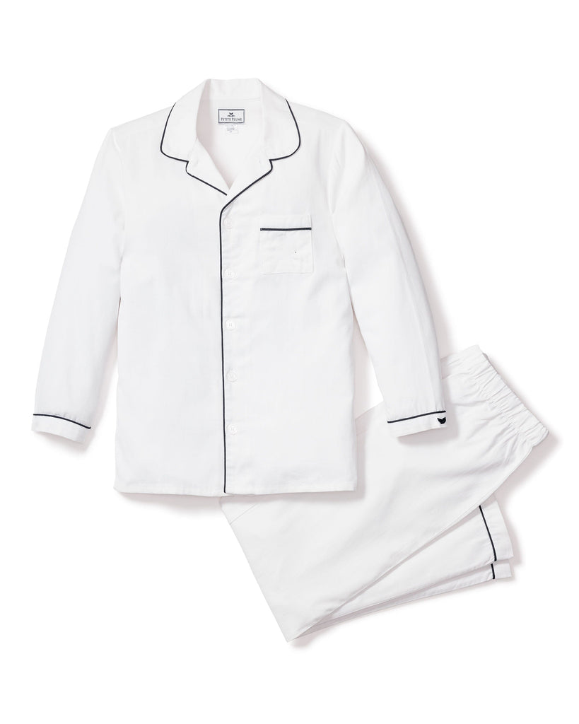 Kid's Twill Pajama Set | White with Navy Piping Pajama Sets Petite Plume 