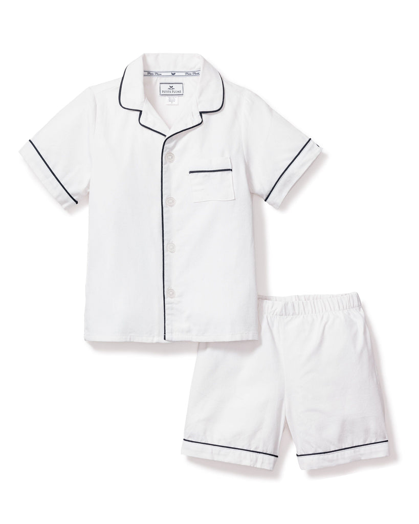 Kid's Twill Pajama Short Set | White with Navy Piping Pajama Sets Petite Plume 