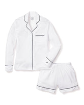 Women's Pima Long Sleeve Short Set | White with Navy Piping Pajama Sets Petite Plume 