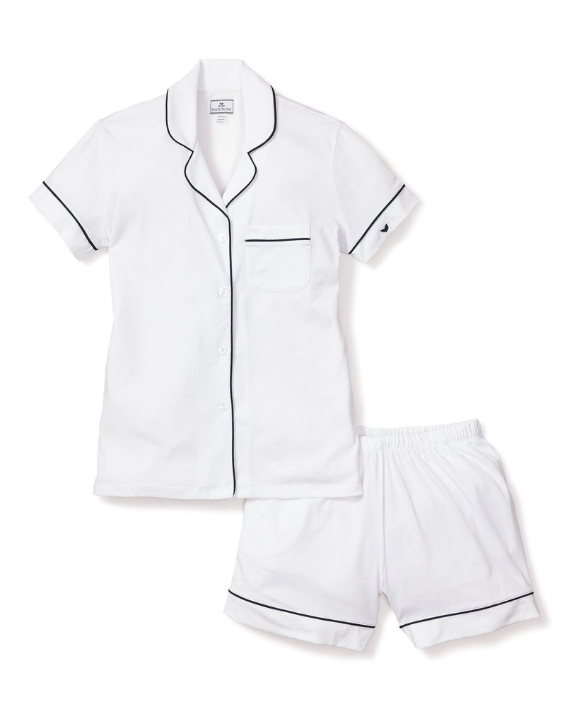 Women's Pima Pajama Short Set | White with Navy Piping Pajama Sets Petite Plume 