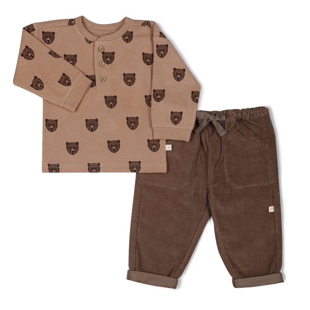 Organic Tee and Corduroy Pant Set - Espresso Henley Tee & Pant Set Makemake Organics 