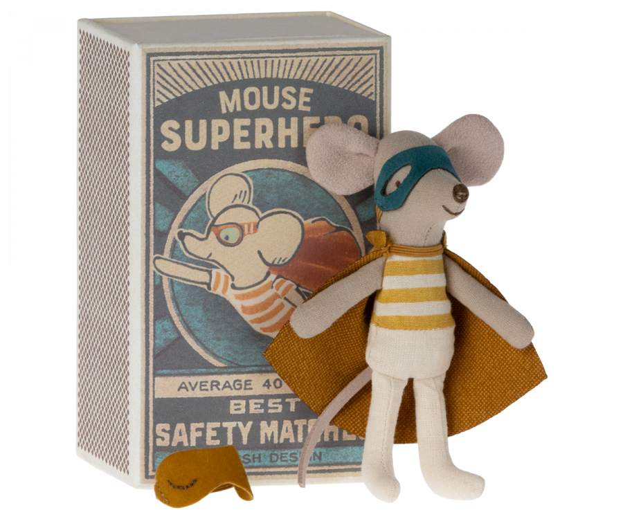 Super Hero Mouse, Little brother in Matchbox Dollhouse Dolls Maileg 