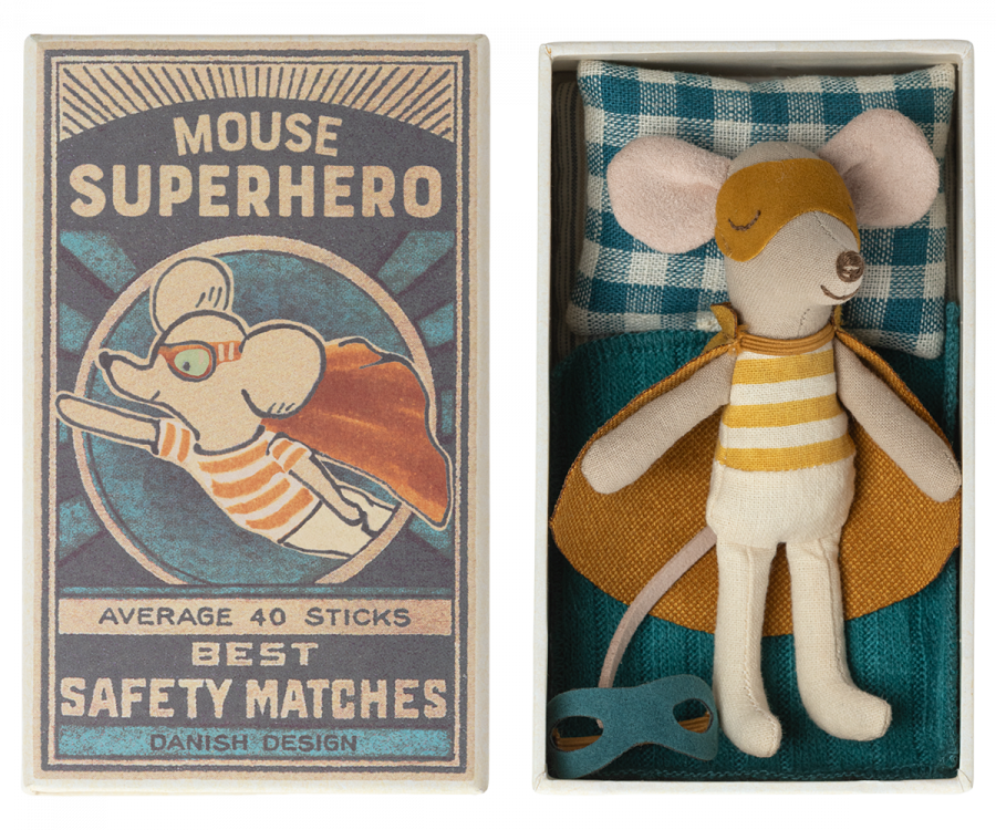 Super Hero Mouse, Little brother in Matchbox Dollhouse Dolls Maileg OS 