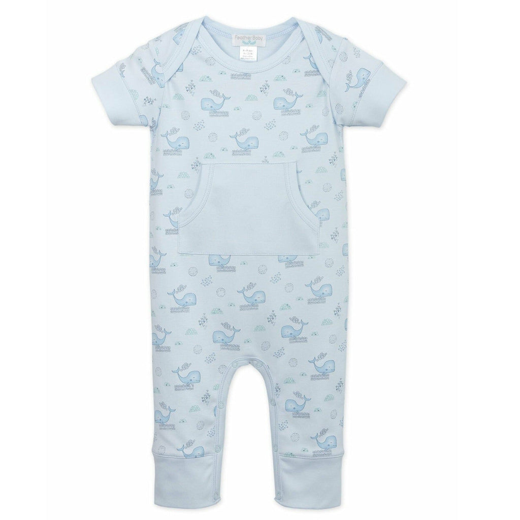 Kangaroo Romper - Sleepy Whales on Baby Blue 100% Pima Cotton by Feather Baby Feather Baby 