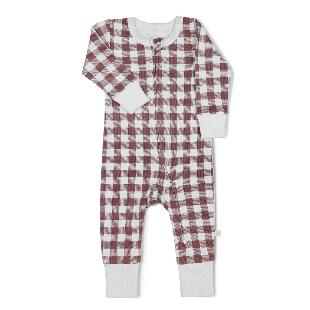 Organic 2-Way Zip Romper - Plum Gingham Zippered Romper Makemake Organics 