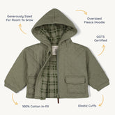 Organic Quilted Hooded Jacket - Olive Hooded Jacket Makemake Organics 