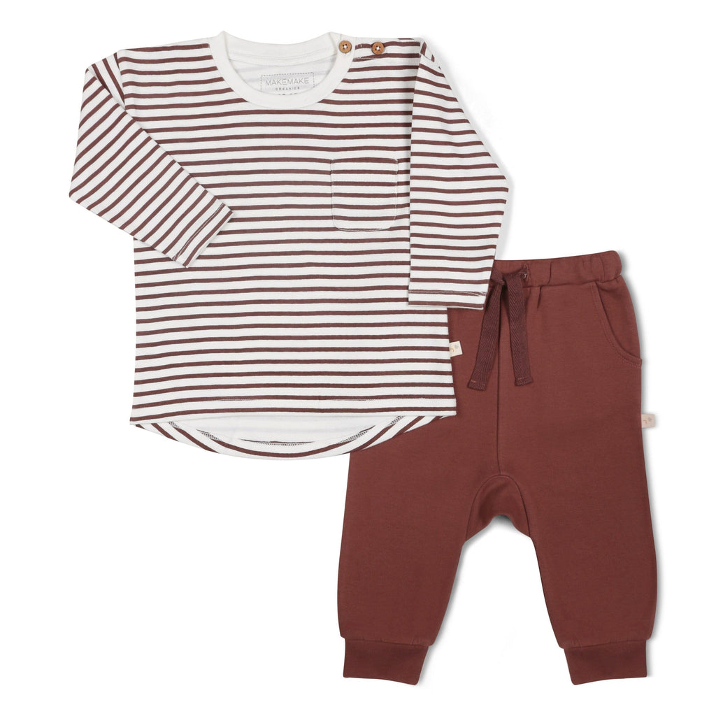 Organic Long Sleeve Tee & Pant Set - Plum Stripes Tee & Pants Set Makemake Organics 