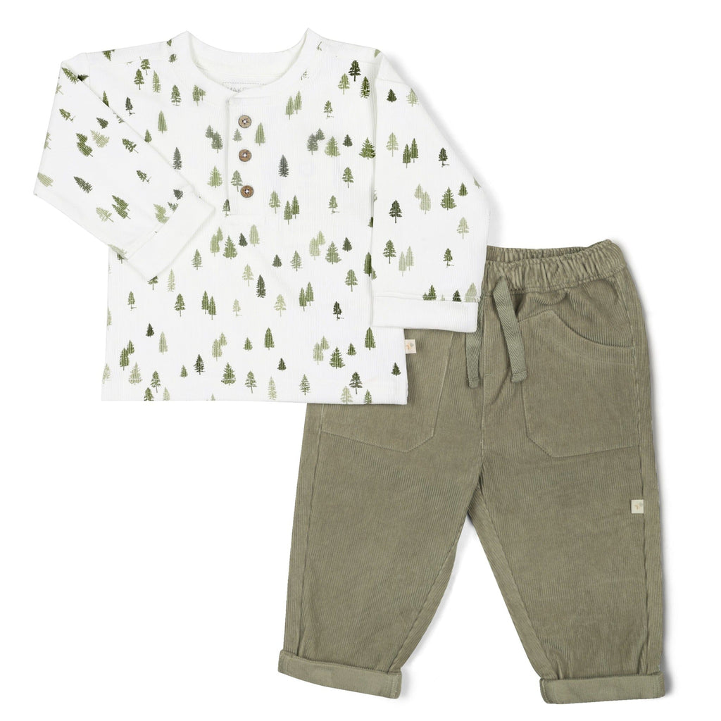 Organic Tee and Corduroy Pant Set - Olive Henley Tee & Pant Set Makemake Organics 