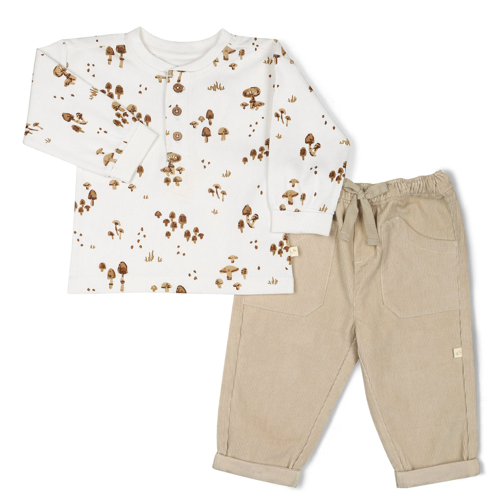 Organic Tee and Corduroy Pant Set - Oat Henley Tee & Pant Set Makemake Organics 