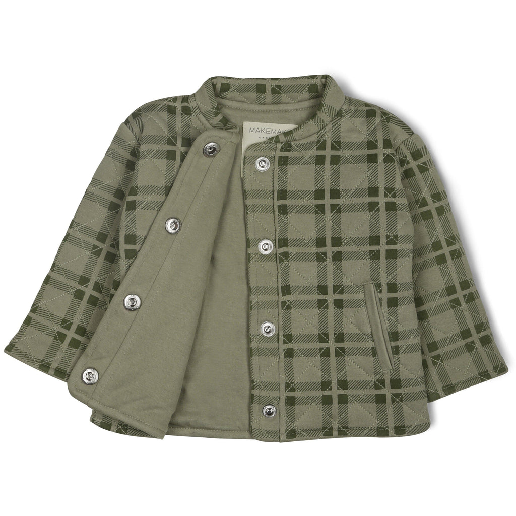 Organic Quilted Button Jacket - Olive Plaid Button Jacket Makemake Organics 