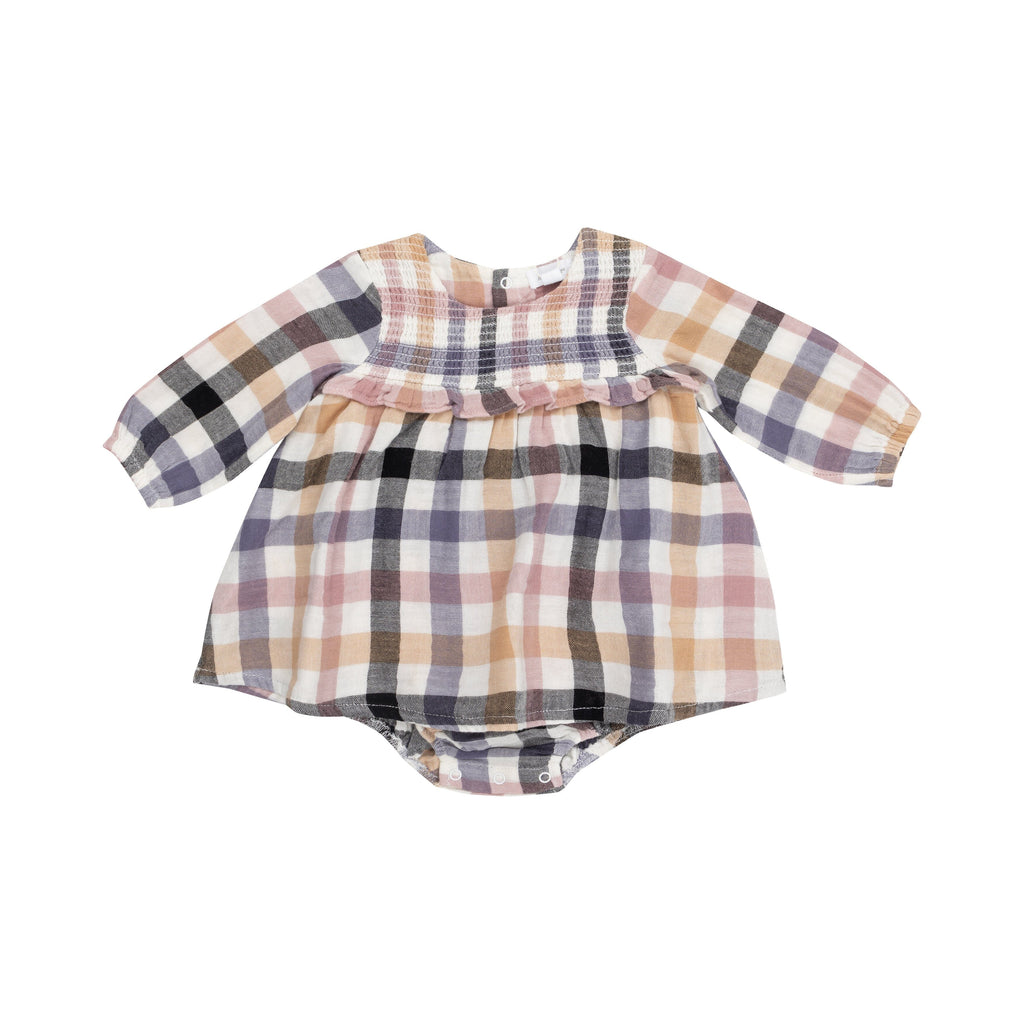 L/S Smocked Ruffle Bubble W/ Skirt - Harvest Plaid 618 Angel Dear 