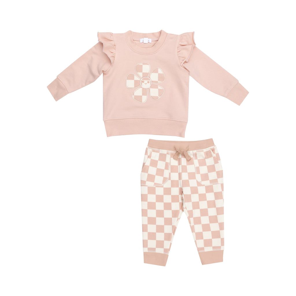 Ruffle Sweatshirt + Paperbag Jogger - Checkerboard Pink 658 Angel Dear 