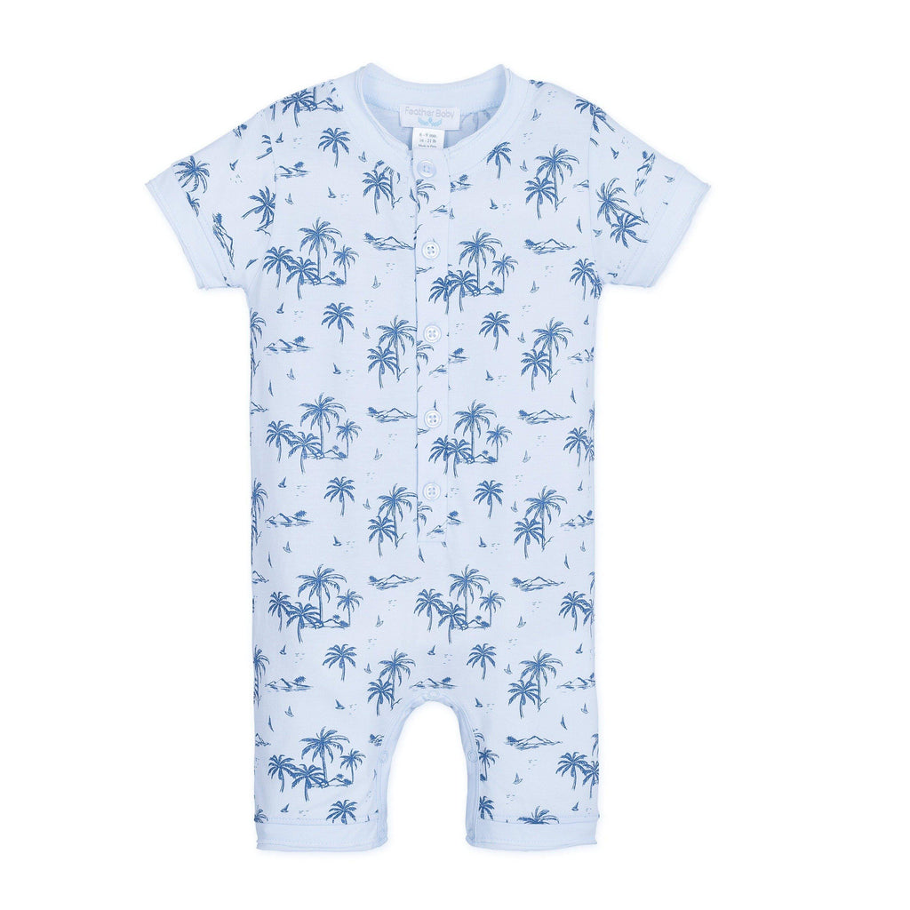 Henley Romper - Vintage Hawaii - Indigo on Baby Blue 100% Pima Cotton by Feather Baby Feather Baby 