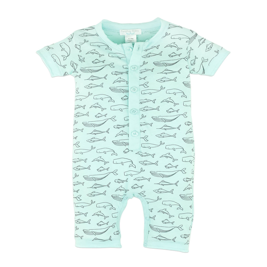 Henley Romper - Big Fish on Aqua 100% Pima Cotton by Feather Baby Feather Baby 