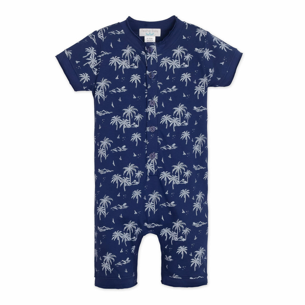 Henley Romper - Vintage Hawaii - White on Indigo 100% Pima Cotton by Feather Baby Feather Baby 