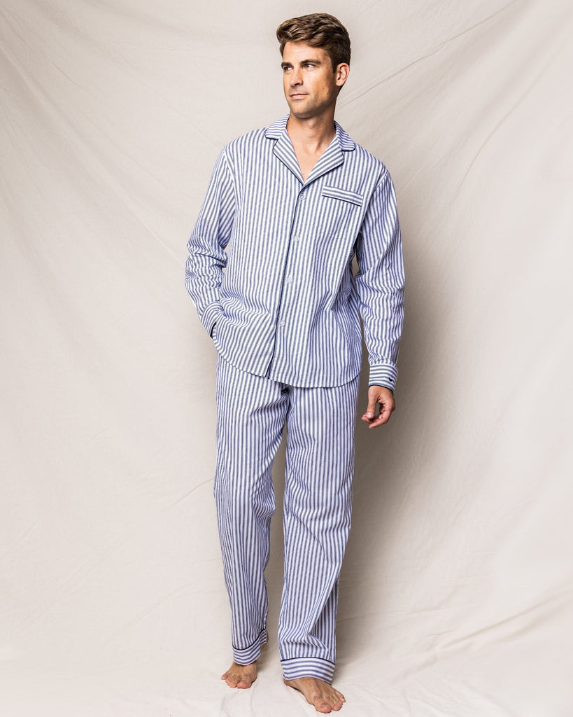 Men's Twill Pajama Set in Navy French Ticking Adult Sleepwear Petite Plume 