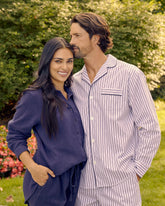 Men's Twill Pajama Set in Navy French Ticking Adult Sleepwear Petite Plume 