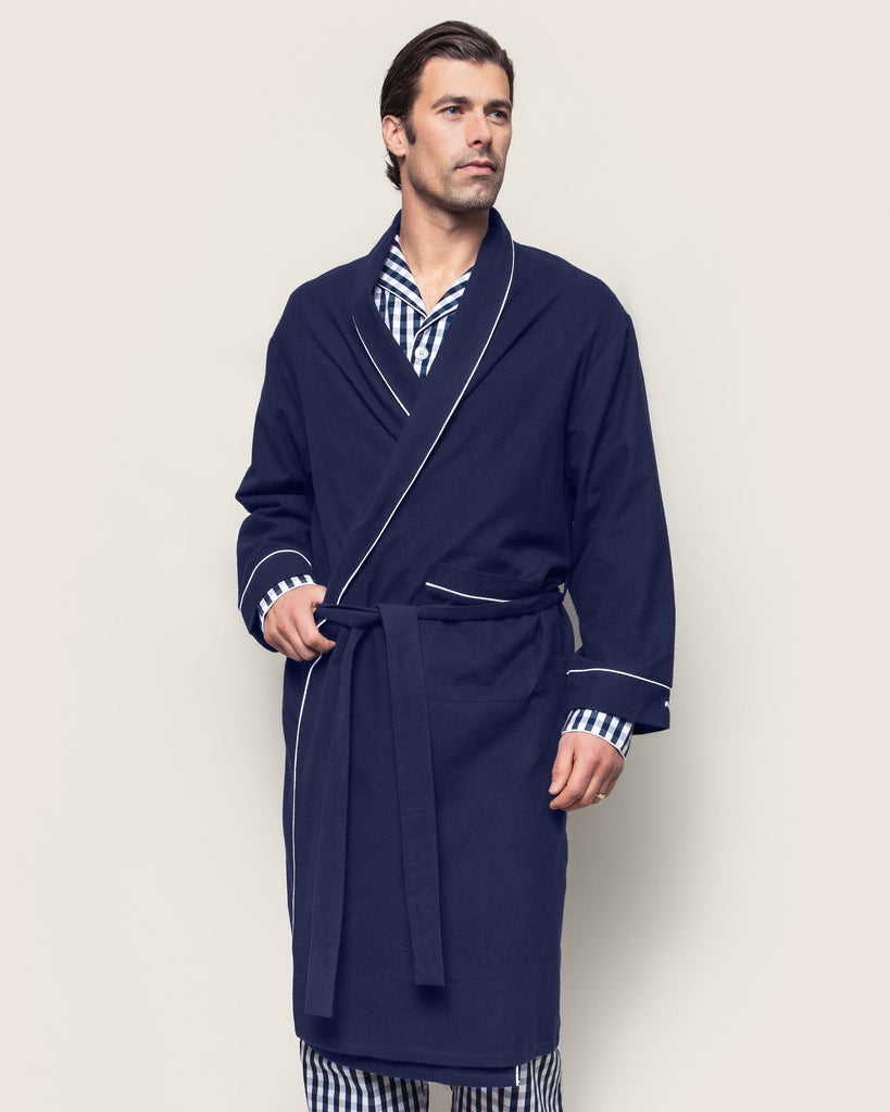 Men's Flannel Robe in Navy with White Piping Men's Robe Petite Plume 