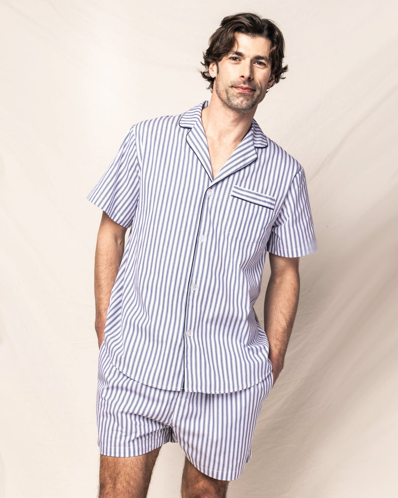 Men's Twill Pajama Short Set in Navy French Ticking Men's Short Set Petite Plume 