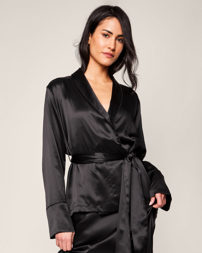 Women's Silk Short Robe in Black Women Robe Petite Plume 