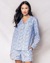 Women's Twill Pajama Long Sleeve Short Set in Fleur D'Azur Women's Long Sleeve Short Set Petite Plume 