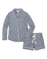 Women's Twill Pajama Long Sleeve Short Set | Navy Gingham Pajama Sets Petite Plume 