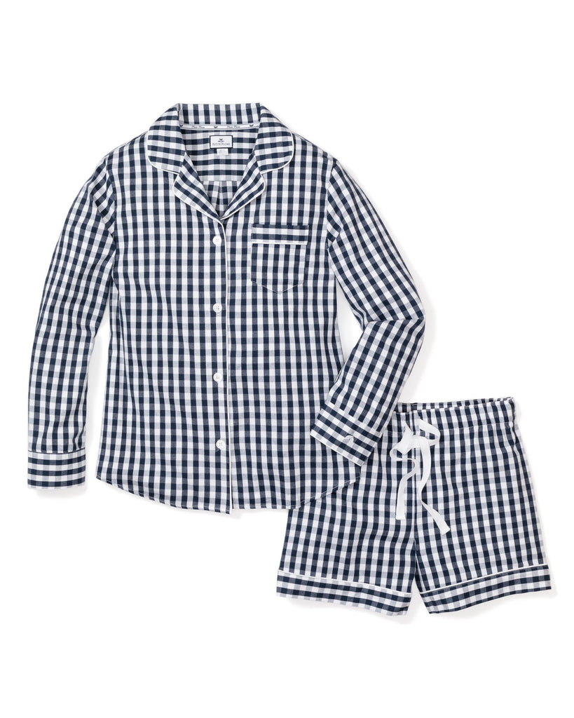 Women's Twill Pajama Long Sleeve Short Set | Navy Gingham Pajama Sets Petite Plume 