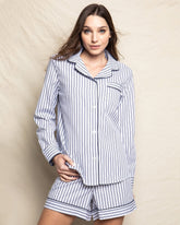 Women's Twill Long Sleeve Short Set | Navy French Ticking Pajama Sets Petite Plume 