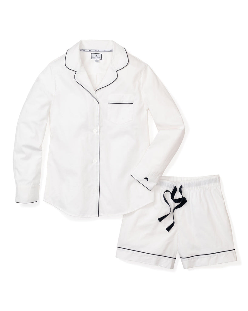 Women's Long Sleeve Short Set | White Twill with Navy Piping Pajama Sets Petite Plume 