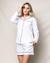 Women's Long Sleeve Short Set | White Twill with Navy Piping Pajama Sets Petite Plume 