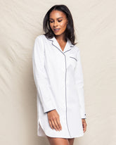 Women's Twill Nightshirt | White with Navy Piping Nightshirts Petite Plume 