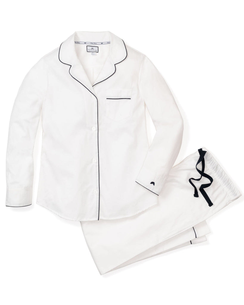 Women's Twill Pajama Set | White with Navy Piping Pajama Sets Petite Plume 