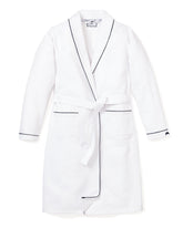 Women's Flannel Robe| White with Navy Piping Robes Petite Plume 