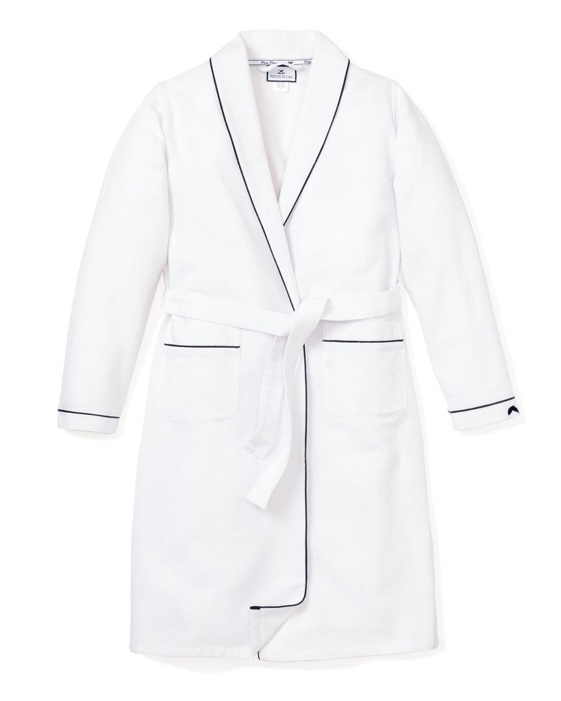 Women's Flannel Robe| White with Navy Piping Robes Petite Plume 