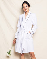 Women's Flannel Robe| White with Navy Piping Robes Petite Plume 