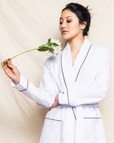 Women's Flannel Robe| White with Navy Piping Robes Petite Plume 