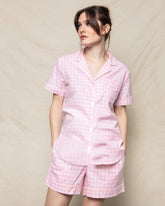 Women's Twill Pajama Short Set in Pink Gingham Women's Short Sleeve Short Set Petite Plume 