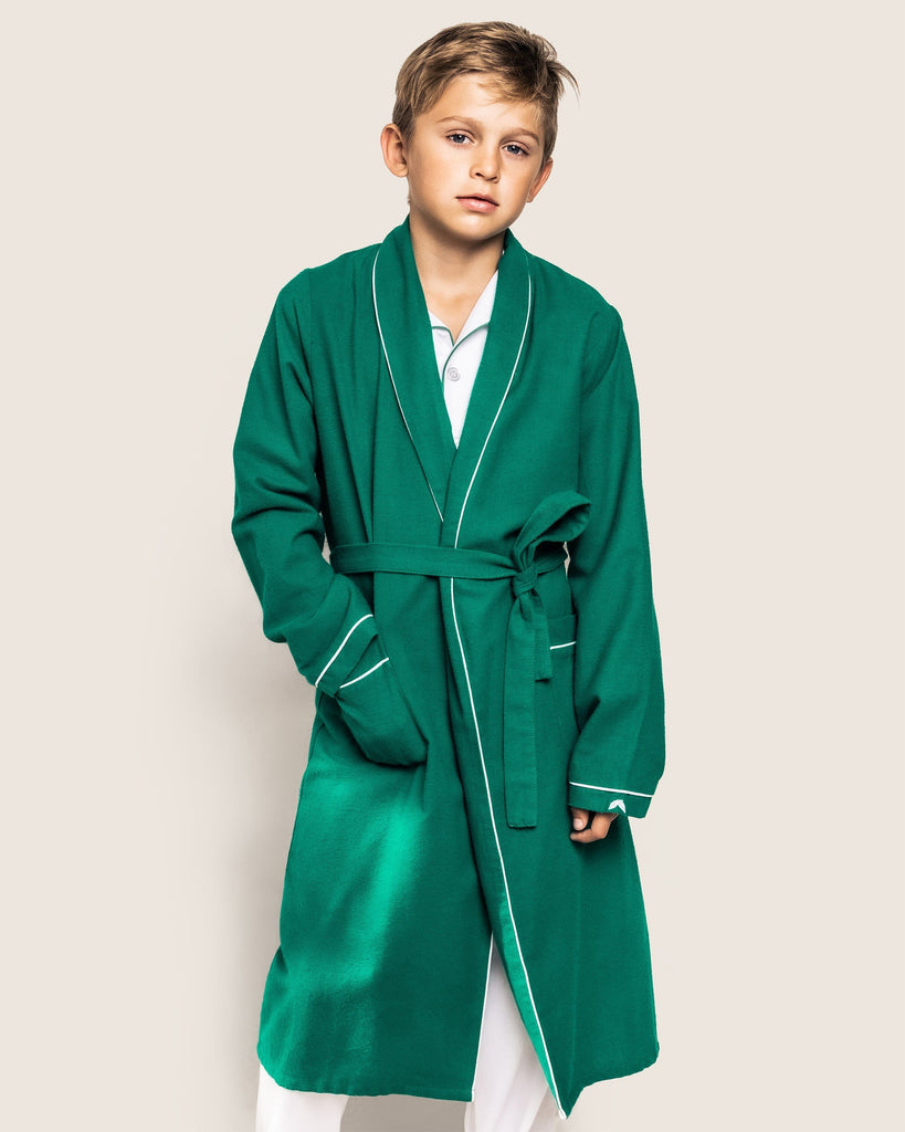 Kid's Flannel Robe in Forest Green with White Piping Children's Robe Petite Plume 