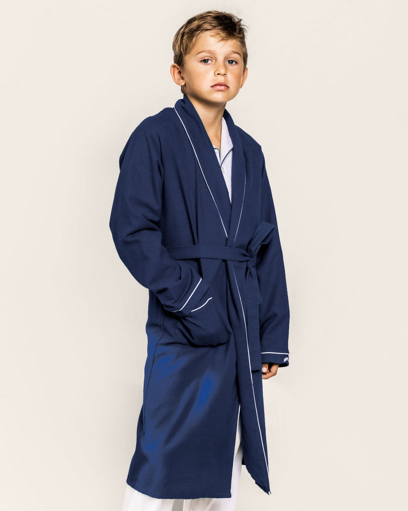 Kid's Flannel Robe in Navy with White Piping Children's Robe Petite Plume 