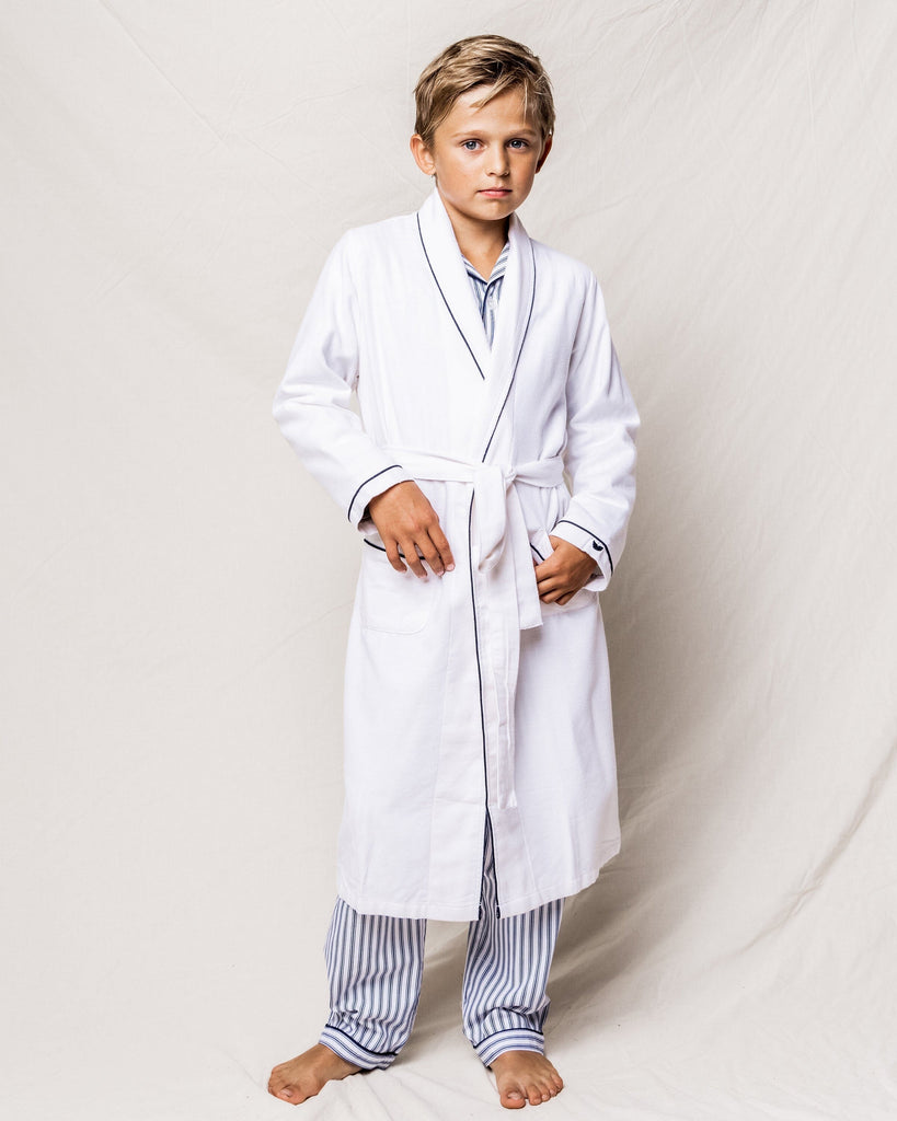 Kid's Flannel Robe | White with Navy Piping Robes Petite Plume 