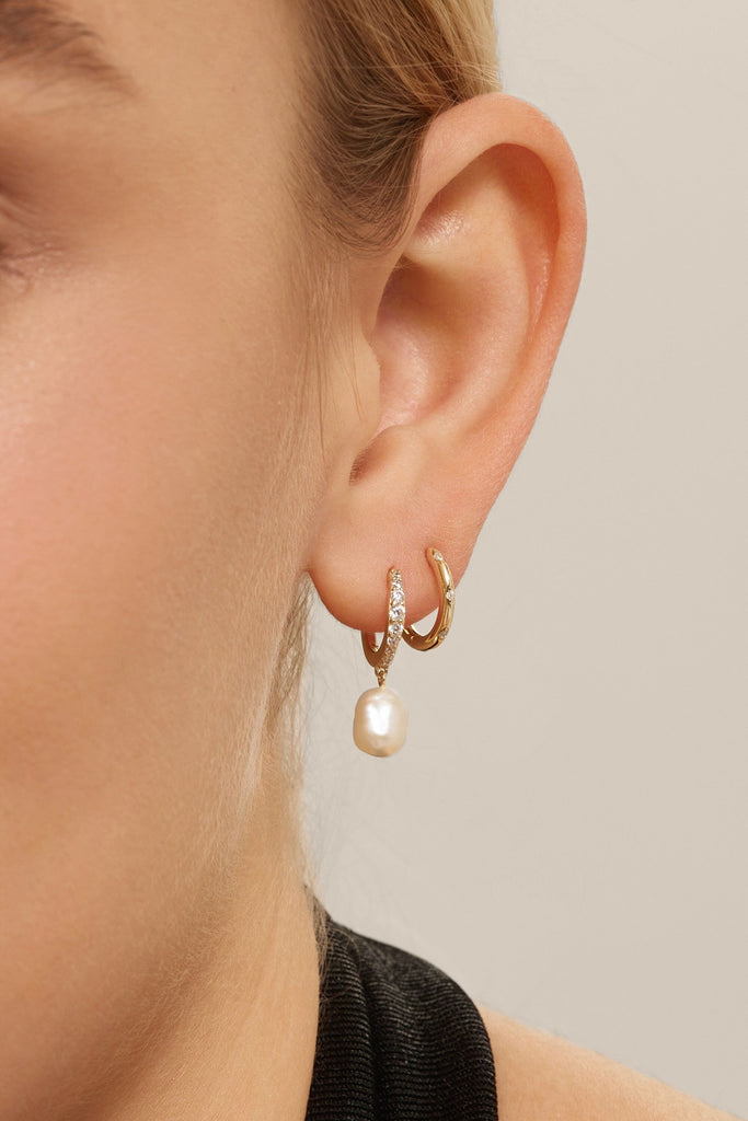 Cz Huggie Hoops With Pearl Drop Earrings eklexic 