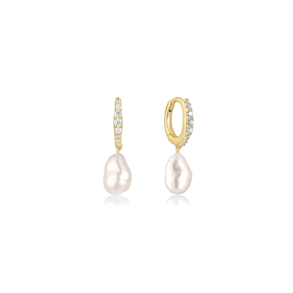 Cz Huggie Hoops With Pearl Drop Earrings eklexic 14K Gold Vermeil 