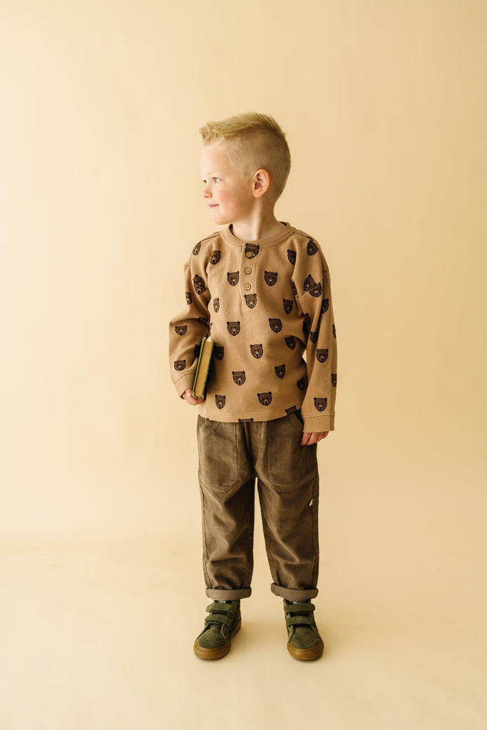 Organic Tee and Corduroy Pant Set - Espresso Henley Tee & Pant Set Makemake Organics 