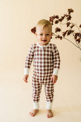 Organic 2-Way Zip Romper - Plum Gingham Zippered Romper Makemake Organics 