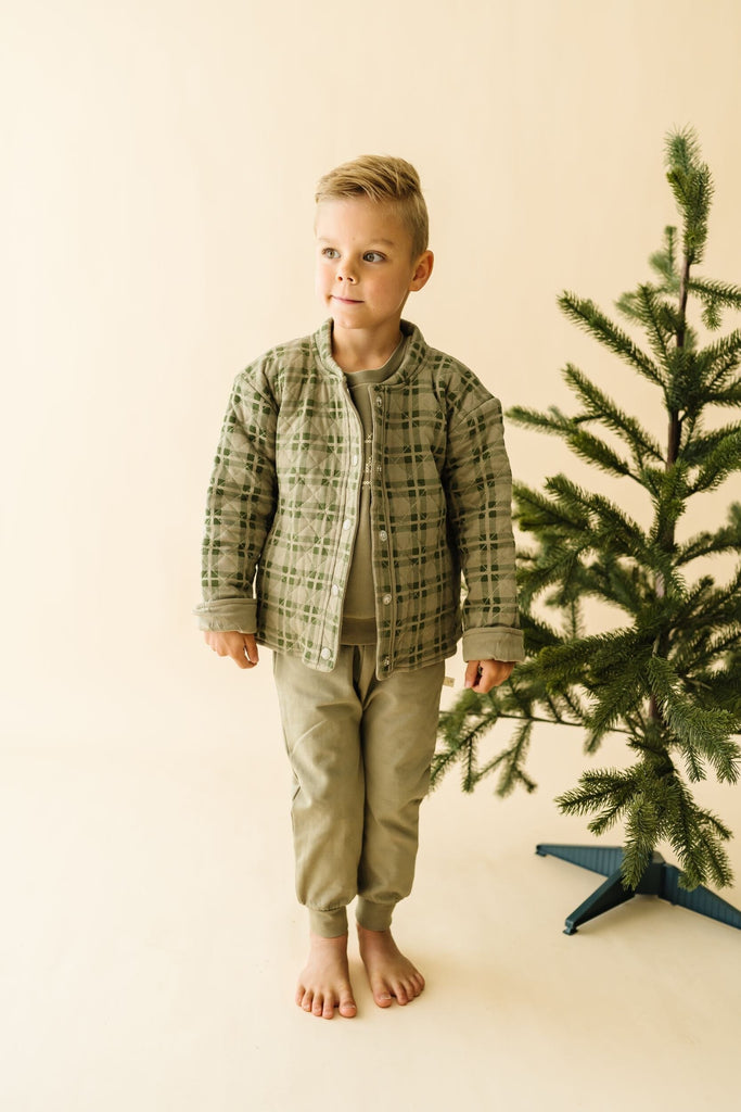 Organic Quilted Button Jacket - Olive Plaid Button Jacket Makemake Organics 