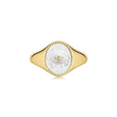 Evil Eye Signet Ring With Mop & Cz Center Stone Rings eklexic 14K Gold Vermeil 6 