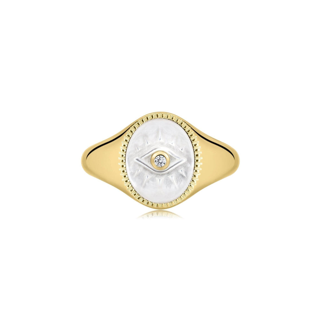 Evil Eye Signet Ring With Mop & Cz Center Stone Rings eklexic 14K Gold Vermeil 6 