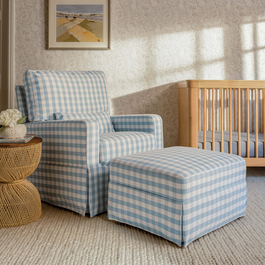 Crawford Gliding Ottoman | Blue Gingham Ottomans NAMESAKE 